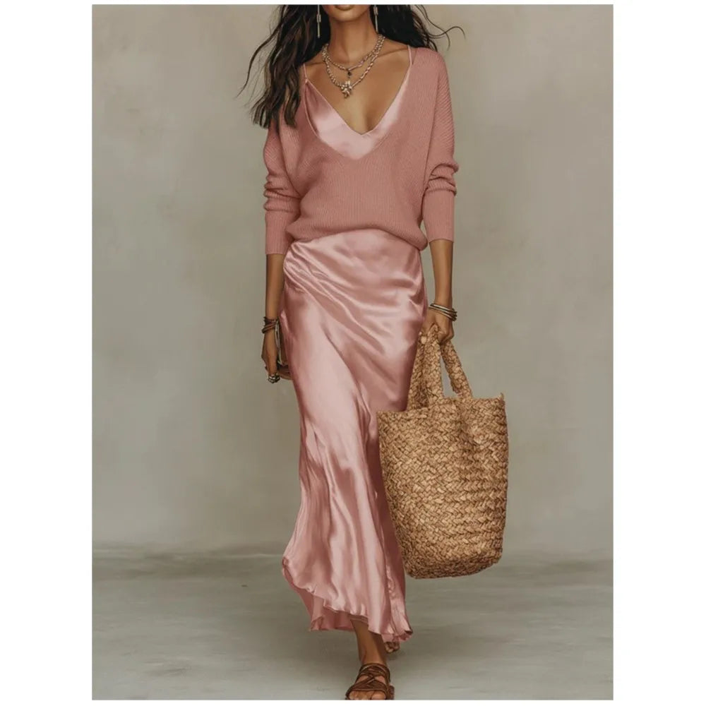 Satin Skirt and Knit Top Two Piece Set for Workdays