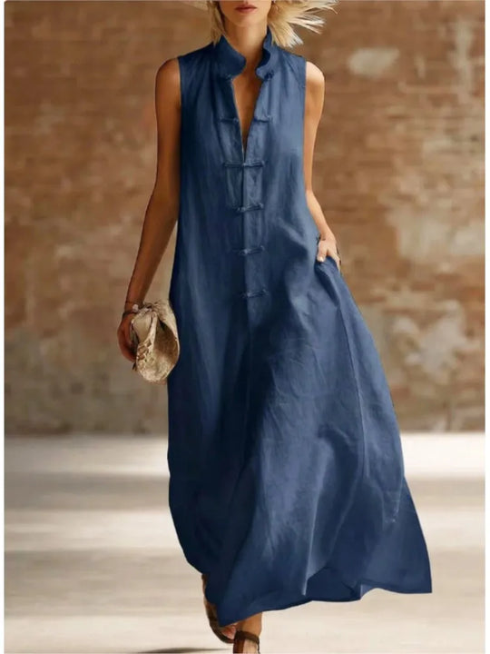 Breezy Frog Button Sleeveless Maxi Dress for Summer