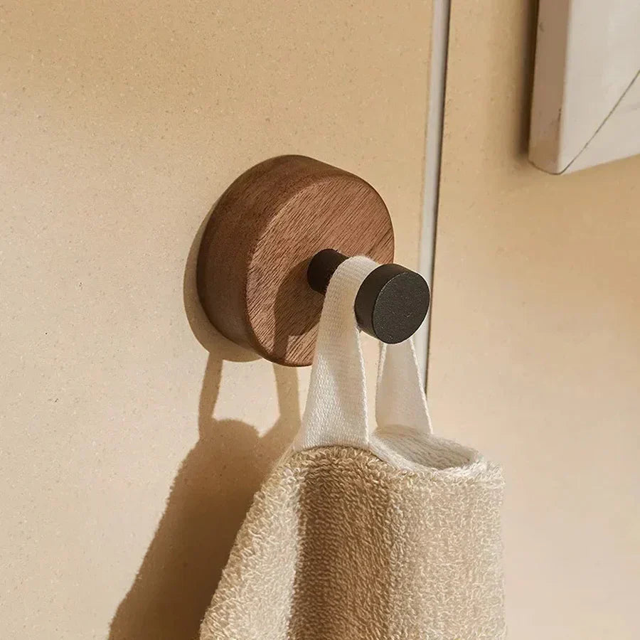 Natural Walnut Wood and Metal Wall Hooks for Entryway and Bathroom