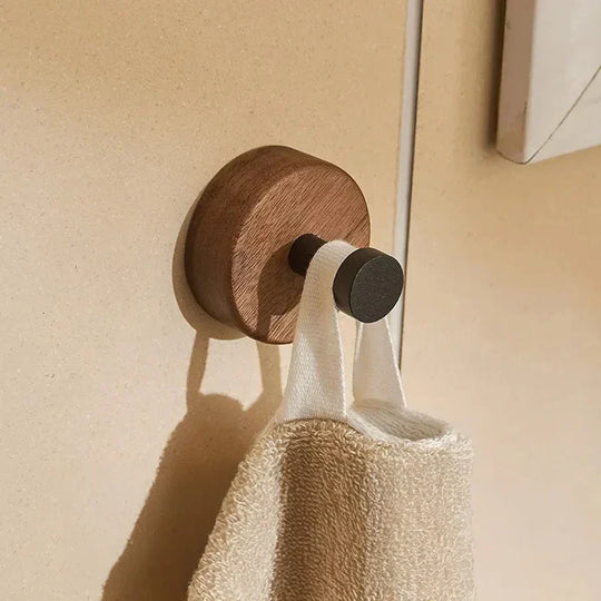 Natural Walnut Wood and Metal Wall Hooks for Entryway and Bathroom