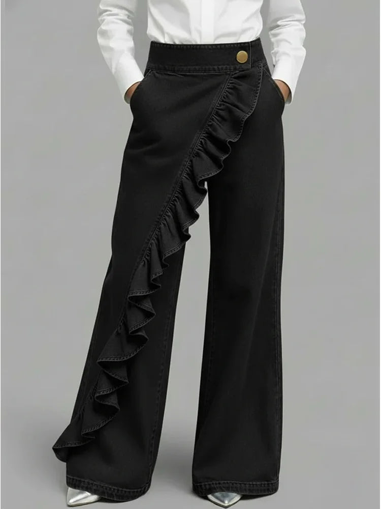 Wide Leg Asymmetrical Ruffle Jeans for Casual Streetwear