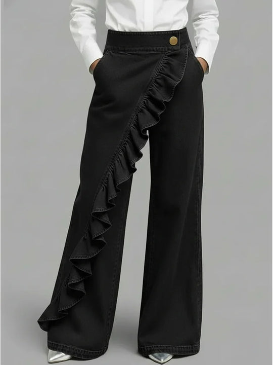 Wide Leg Asymmetrical Ruffle Jeans for Casual Streetwear