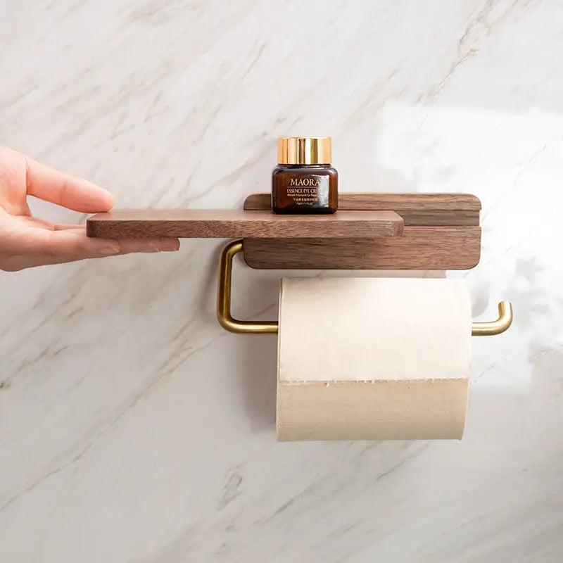 Walnut Wood and Brass Toilet Roll Holder with Shelf for Bathroom