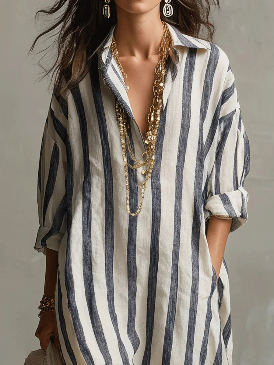 Striped Linen Blend Loose Shirt Dress for Casual Summer Days