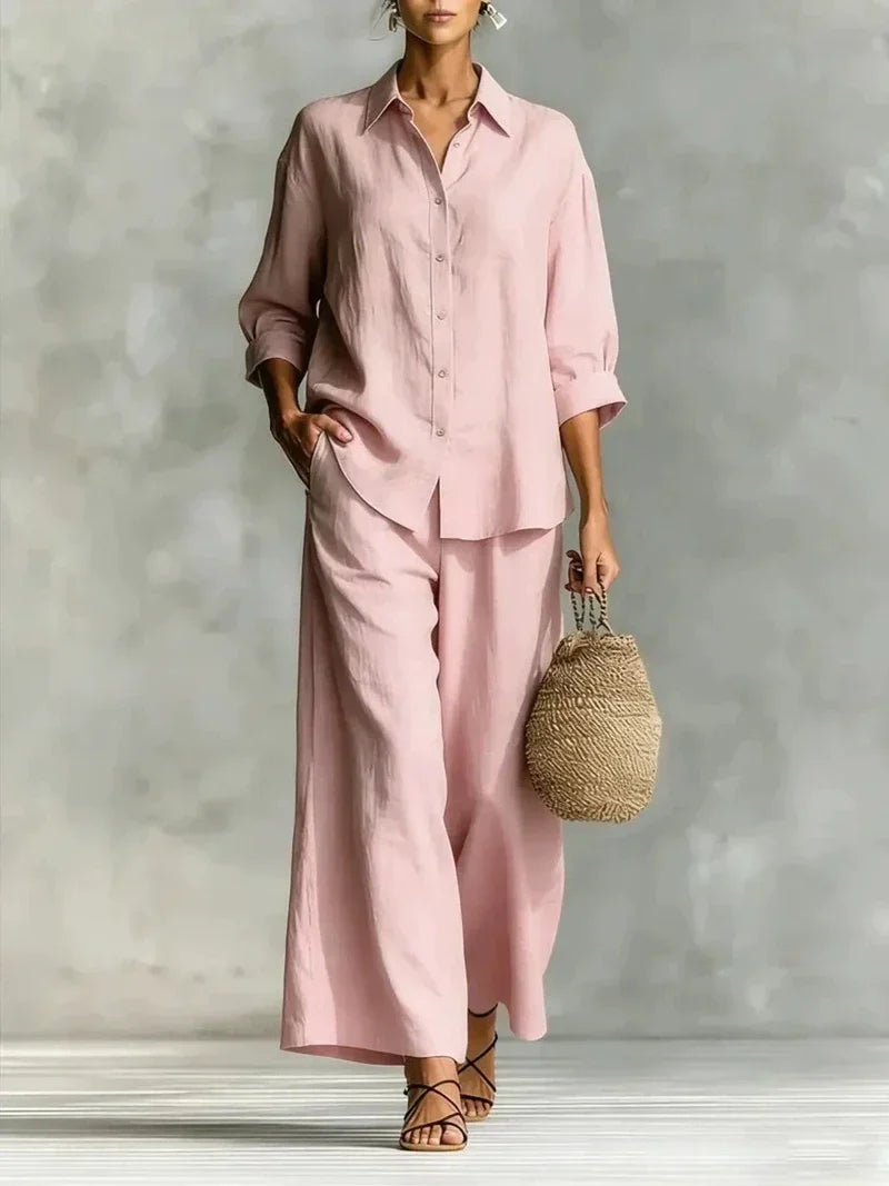 Two Piece Shirt and Wide Leg Pants Set for Summer Days