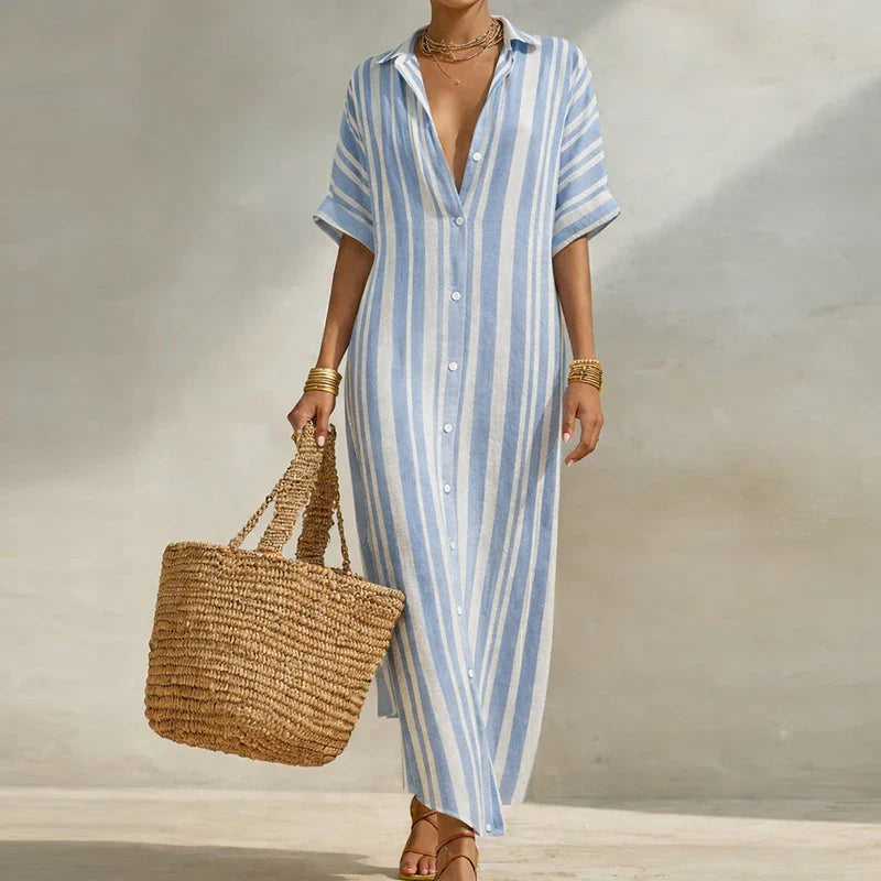 Breezy Striped Linen Long Shirt Dress for Summer and Beach