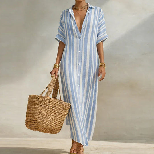 Breezy Striped Linen Long Shirt Dress for Summer and Beach