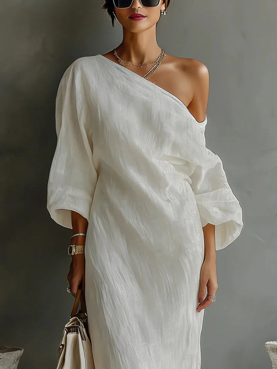 Elegant One Shoulder Linen Maxi Dress with Batwing Sleeves for Summer