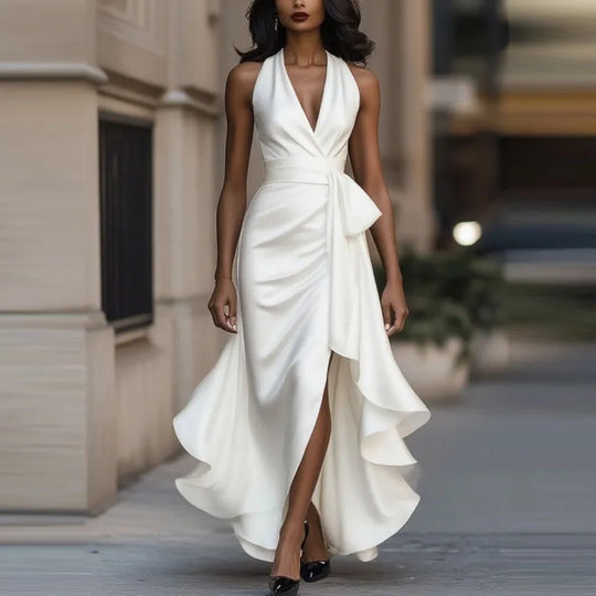 Halter Satin Maxi Dress for Evening Banquets
