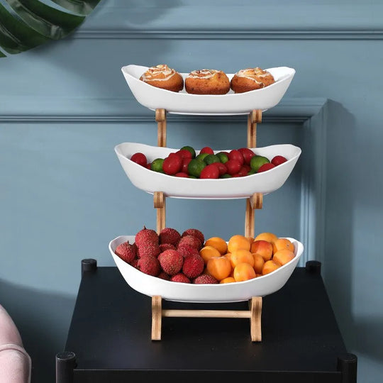 Tiered Plastic Fruit Bowl with Wooden Stand for Kitchen Counter and Dining
