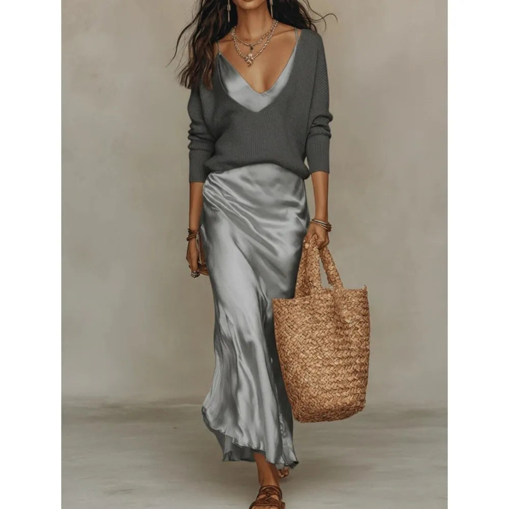 Satin Skirt and Knit Top Two Piece Set for Workdays