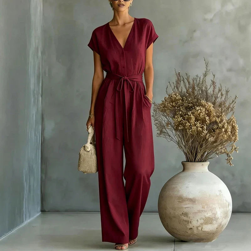 Relaxed Linen V Neck Wide Leg Jumpsuit for Everyday Wear