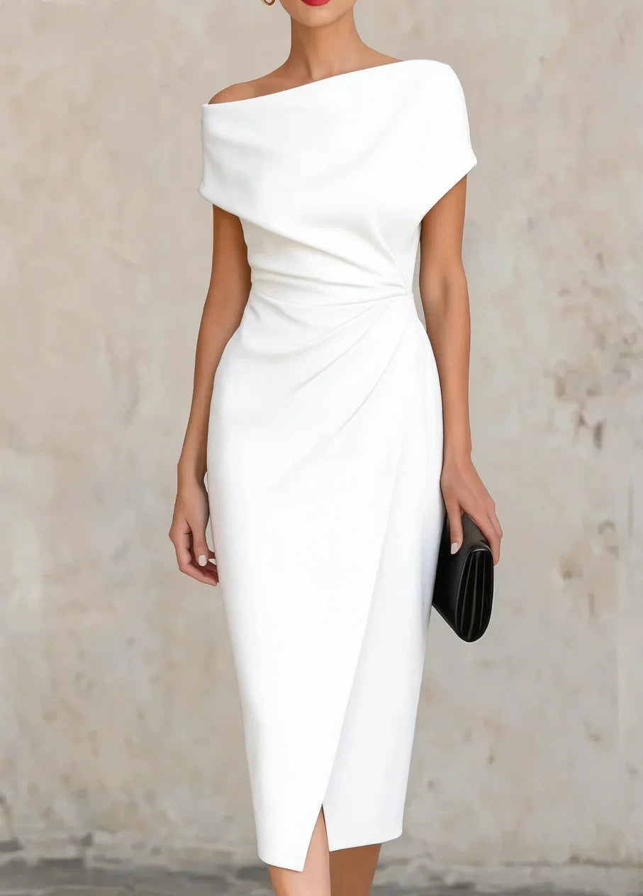 Elegant One Shoulder Pleated Midi Dress for Evening Occasions
