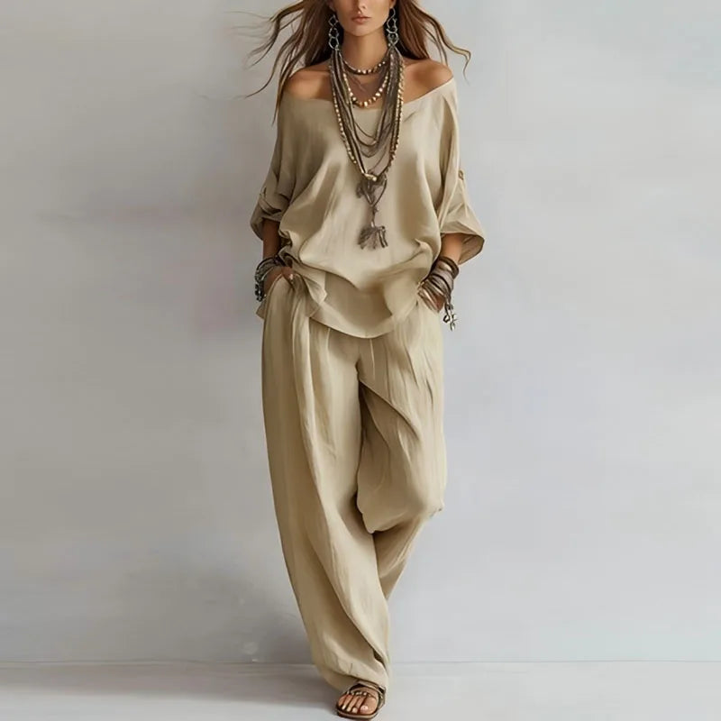 Off Shoulder Top and Wide Leg Trouser Two Piece Set for Elegant Occasions