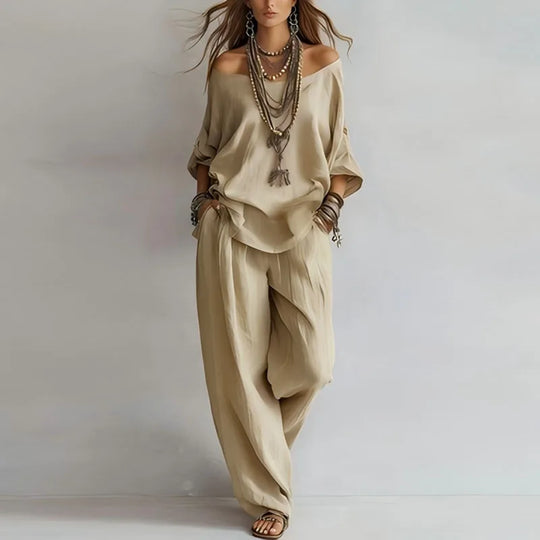 Off Shoulder Top and Wide Leg Trouser Two Piece Set for Elegant Occasions