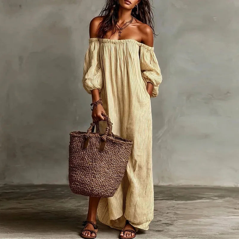 Off Shoulder Striped Maxi Dress for Beach Vacations