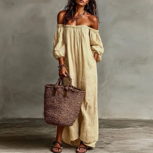 Off Shoulder Striped Maxi Dress for Beach Vacations