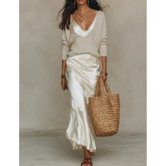 Satin Skirt and Knit Top Two Piece Set for Workdays