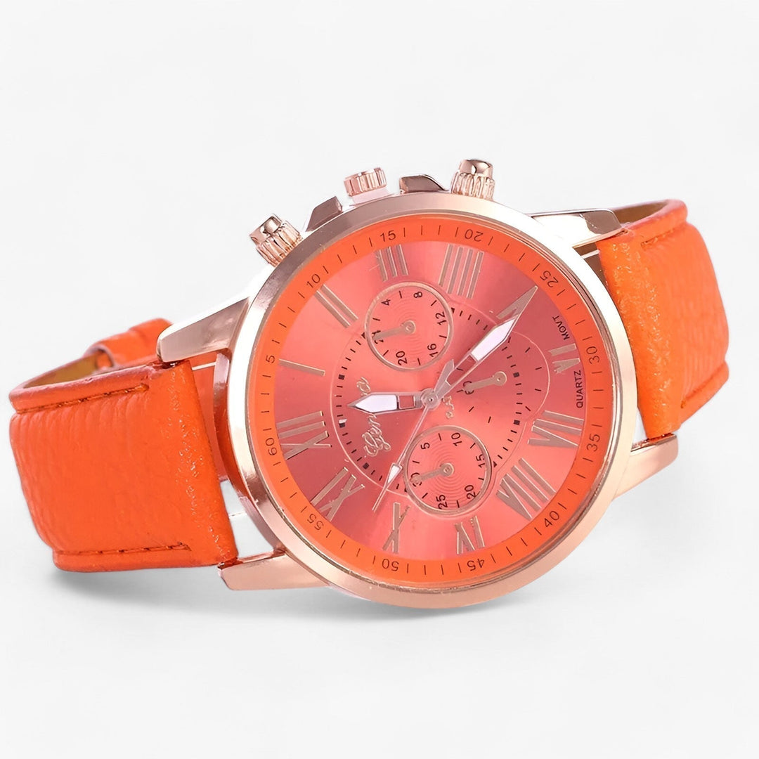 Womens watch with orange leather strap