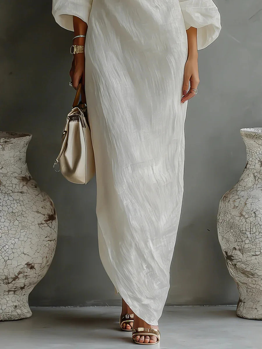 Elegant One Shoulder Linen Maxi Dress with Batwing Sleeves for Summer
