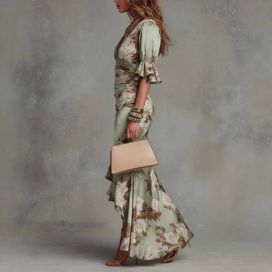 Floral Ruffle V Neck Maxi Dress for Wedding Guests