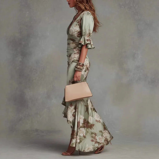 Floral Ruffle V Neck Maxi Dress for Wedding Guests