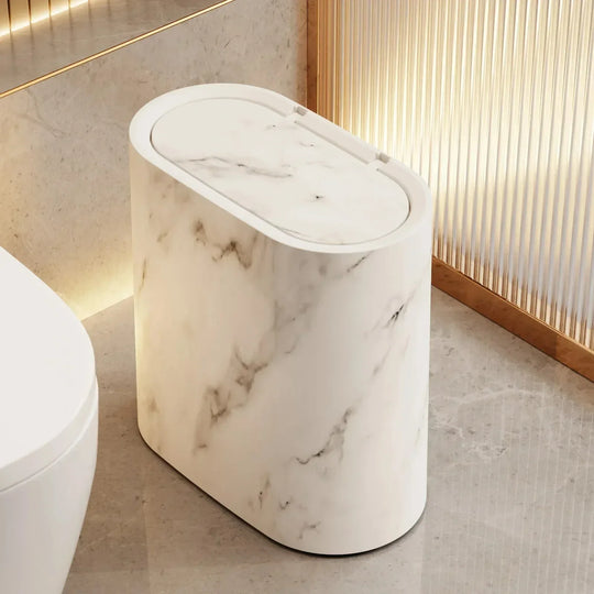 White marble push-top trash can
