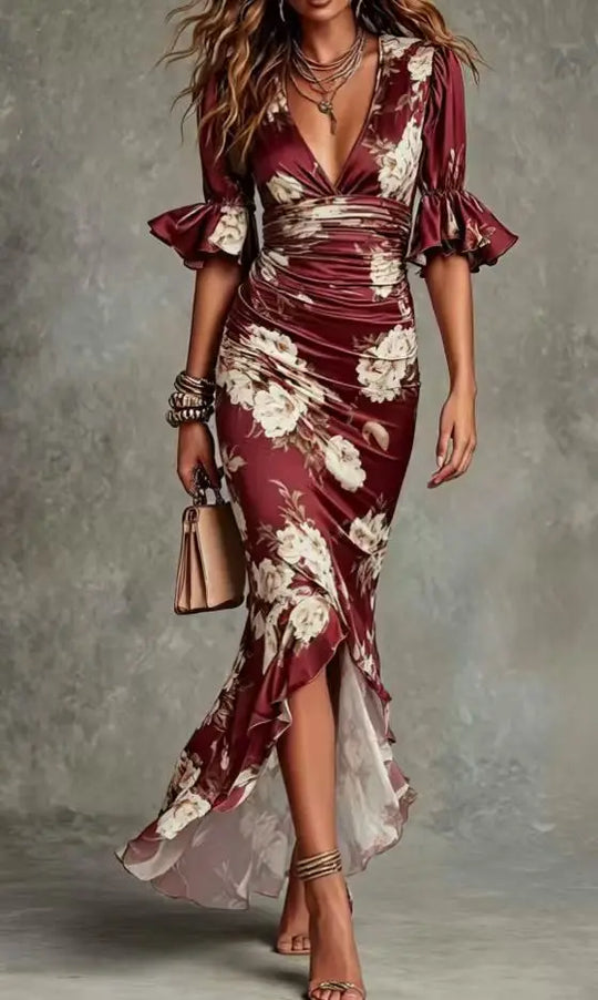 Floral Ruffle V Neck Maxi Dress for Wedding Guests