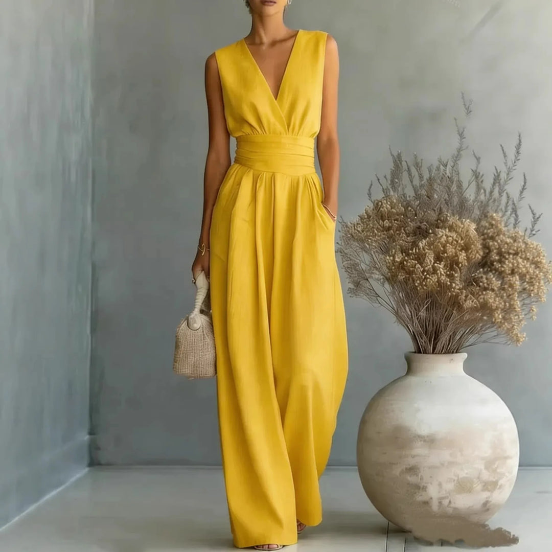 Sleeveless V Neck Wide-Leg Jumpsuit for Summer