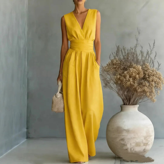 Sleeveless V Neck Wide-Leg Jumpsuit for Summer