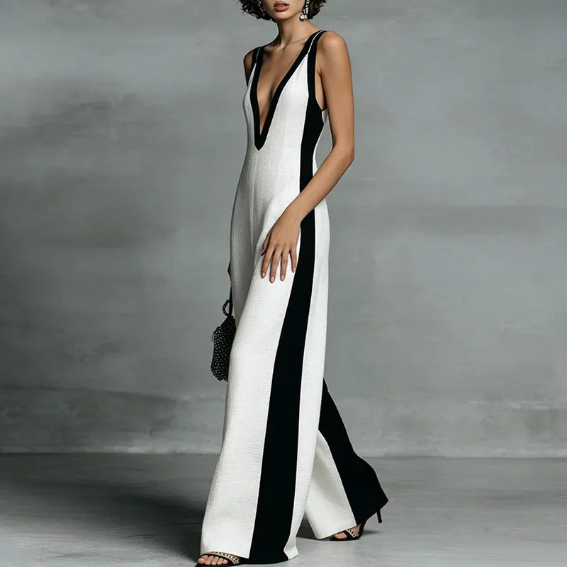 Elegant Deep V Neck Wide Leg Jumpsuit for Summer