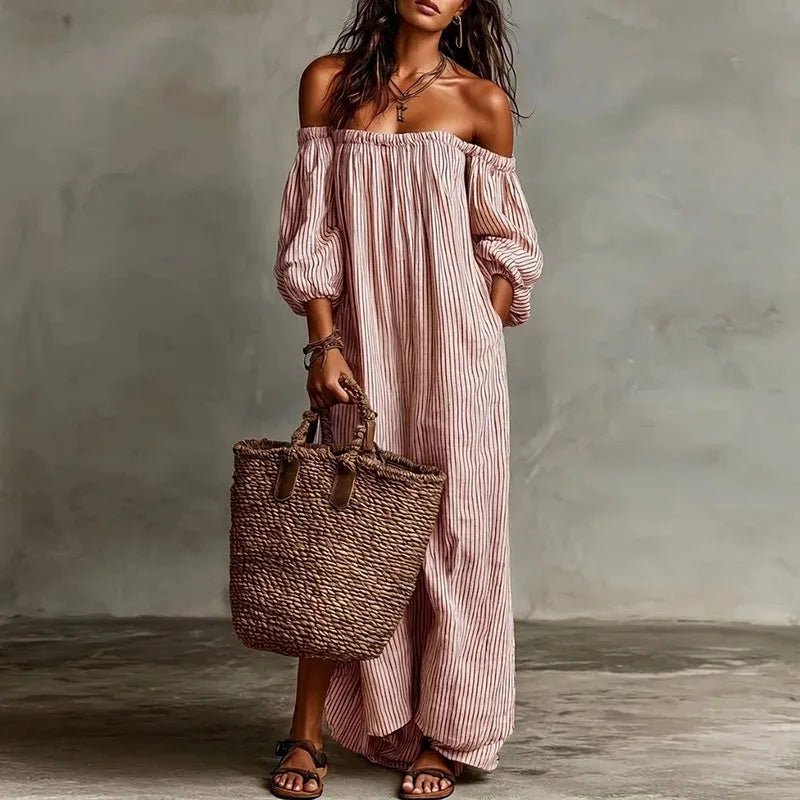 Off Shoulder Striped Maxi Dress for Beach Vacations