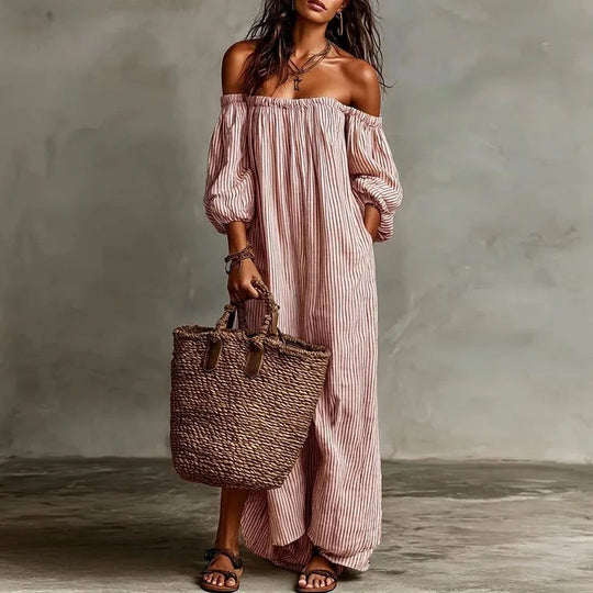 Off Shoulder Striped Maxi Dress for Beach Vacations