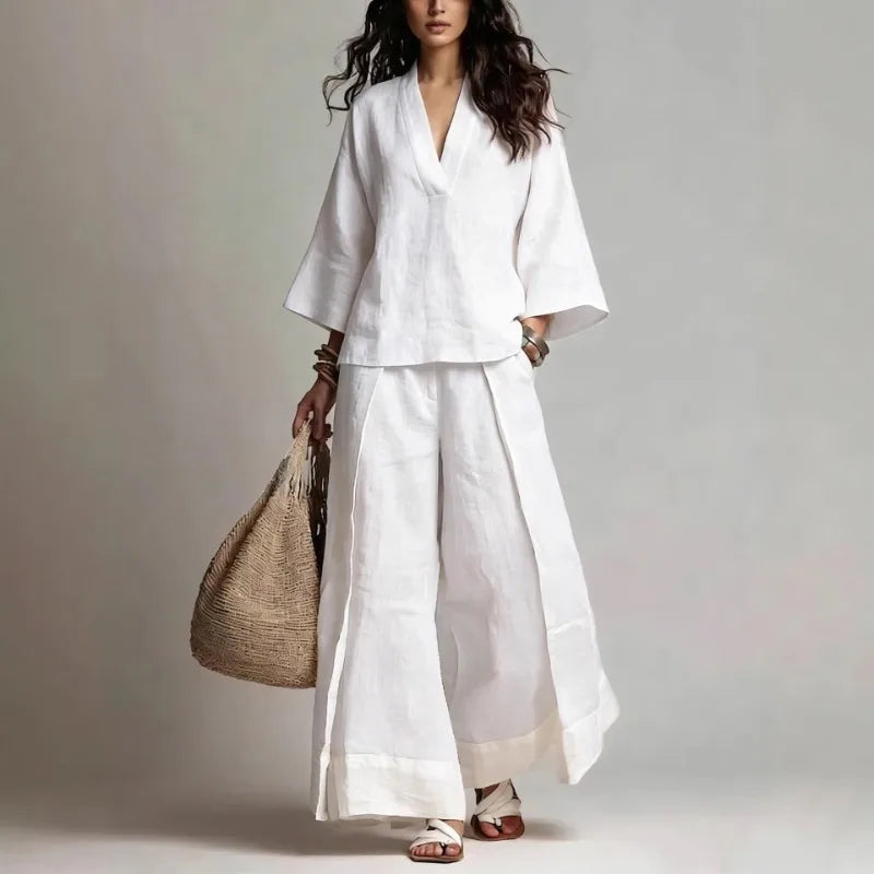 V Neck Linen Two-Piece Set for Relaxed Holiday Days