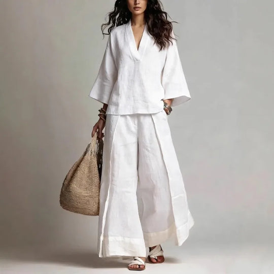 V Neck Linen Two-Piece Set for Relaxed Holiday Days