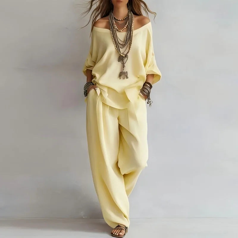 Off Shoulder Top and Wide Leg Trouser Two Piece Set for Elegant Occasions
