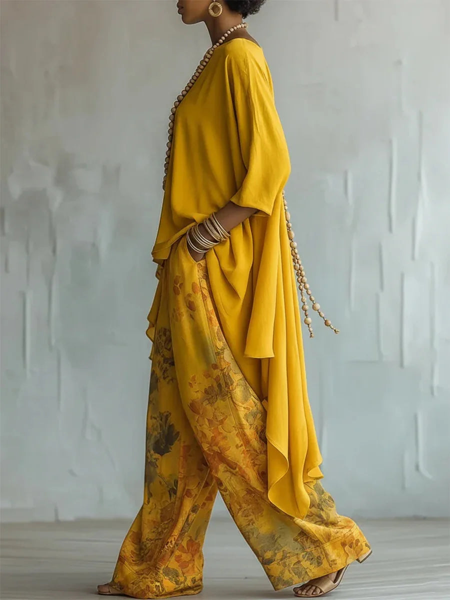 Flowing Floral Print Top and Wide Leg Pants Set for Elegant Occasions - detail