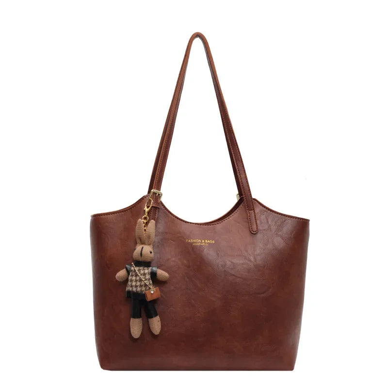 Large Vegan Leather Shoulder Tote Bag with Detachable Charm for Everyday