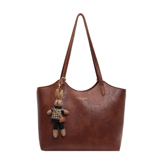 Large Vegan Leather Shoulder Tote Bag with Detachable Charm for Everyday