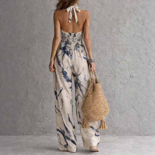Sleeveless Watercolor Print Halter Wide-Leg Jumpsuit for Summer and Vacation