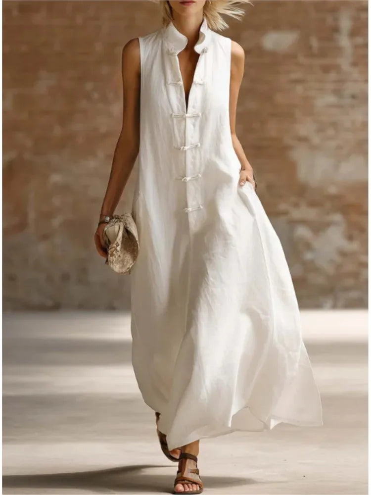 Breezy Frog Button Sleeveless Maxi Dress for Summer