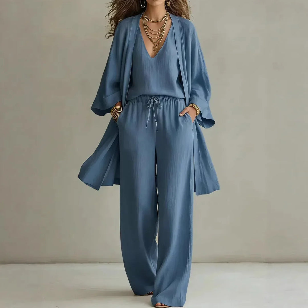 Relaxed Linen Cardigan Top and Wide Leg Pant Lounge Set for Everyday
