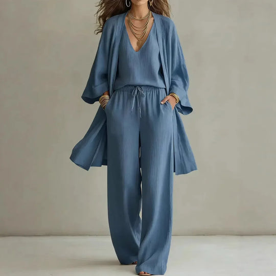 Relaxed Linen Cardigan Top and Wide Leg Pant Lounge Set for Everyday