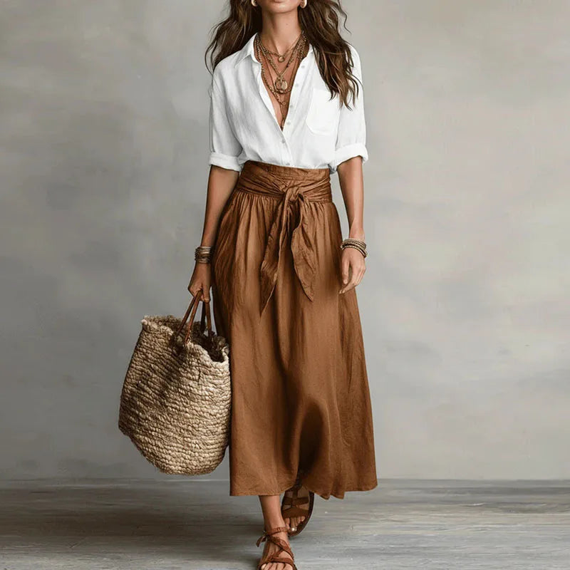 Elegant Linen Blouse and Tie Waist Skirt Co Ord Set for Office and Outings