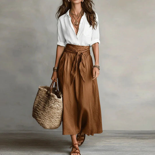 Elegant Linen Blouse and Tie Waist Skirt Co Ord Set for Office and Outings