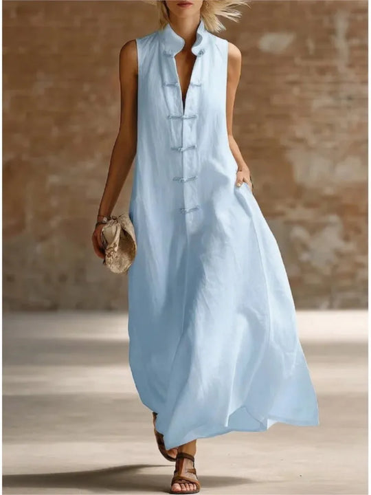 Breezy Frog Button Sleeveless Maxi Dress for Summer