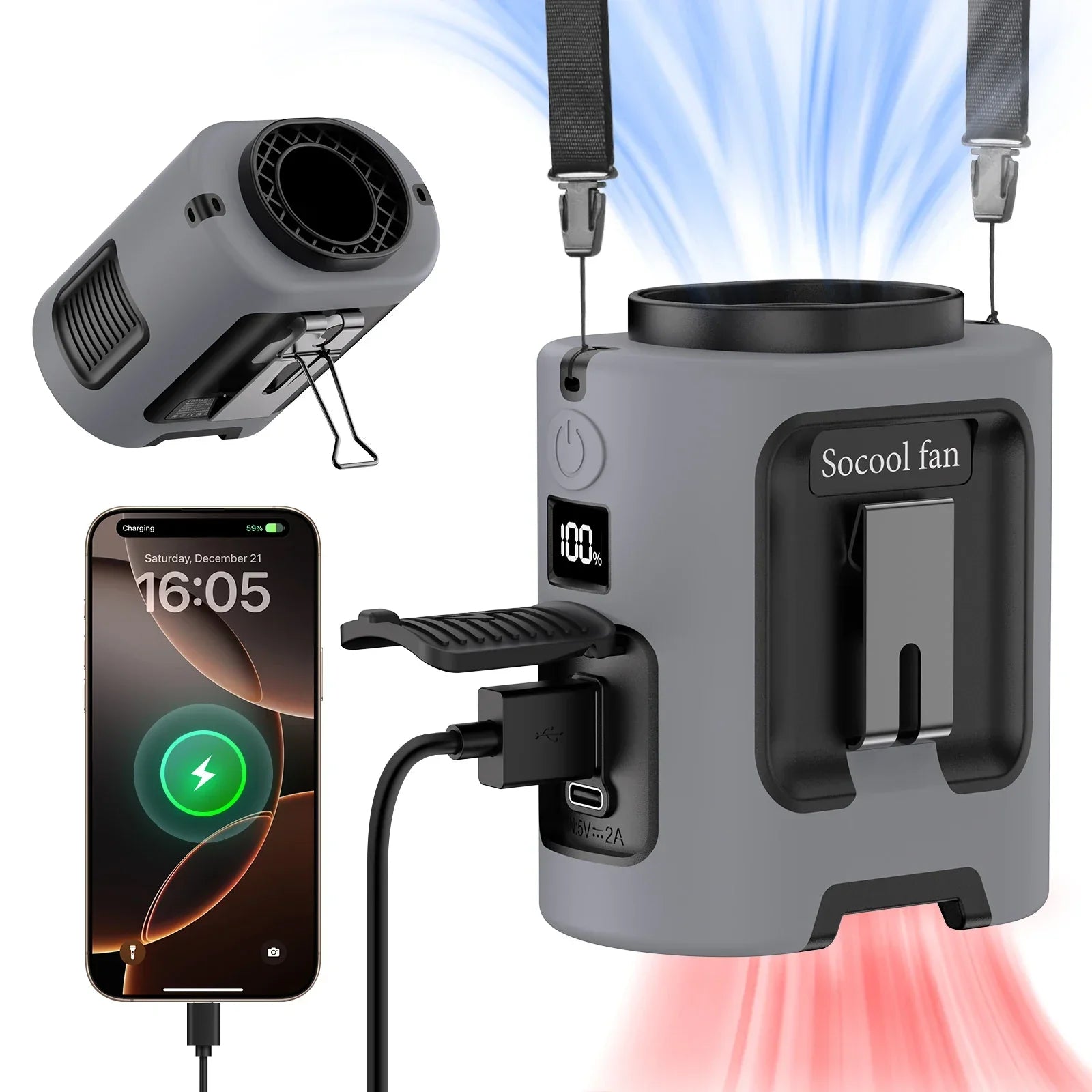 Portable waist fan with shoulder strap and phone charging