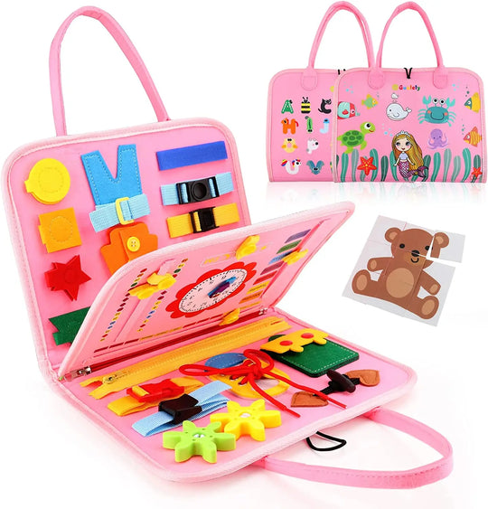 Pink Montessori felt busy board open and folded