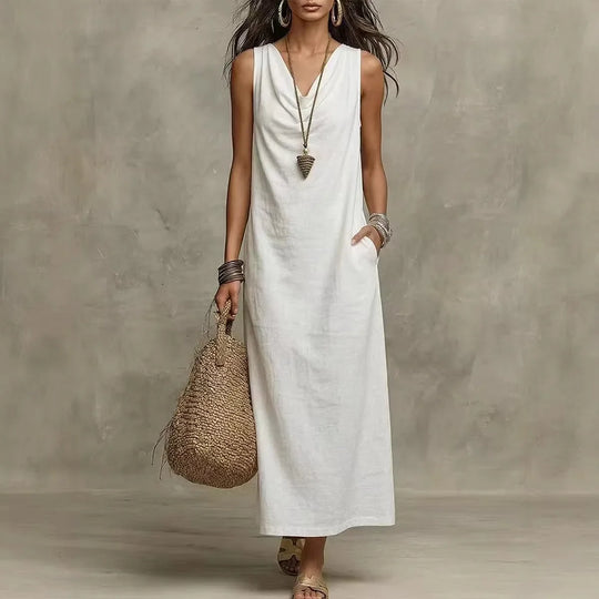 Casual Linen Sleeveless V Neck Maxi Dress for Summer