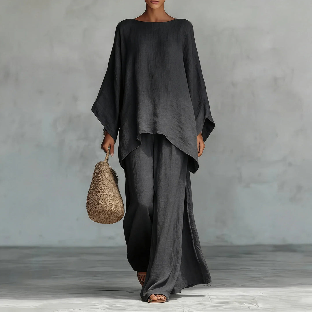 Relaxed Oversized Linen Batwing Top and Wide Leg Pants Set for Summer